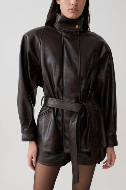 Adaline Faux Leather Cinch Waist Jacket Dark Chocolate
