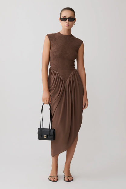 Nola Shirred Asymmetric Midi Dress Mocha