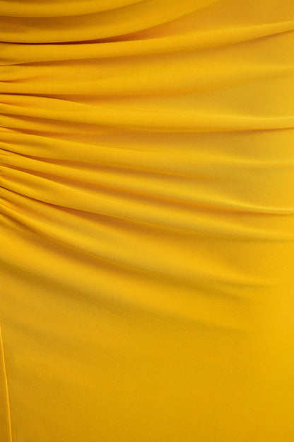 Diva Yellow Slashed Neck Maxi Dress With Ruched Detailing