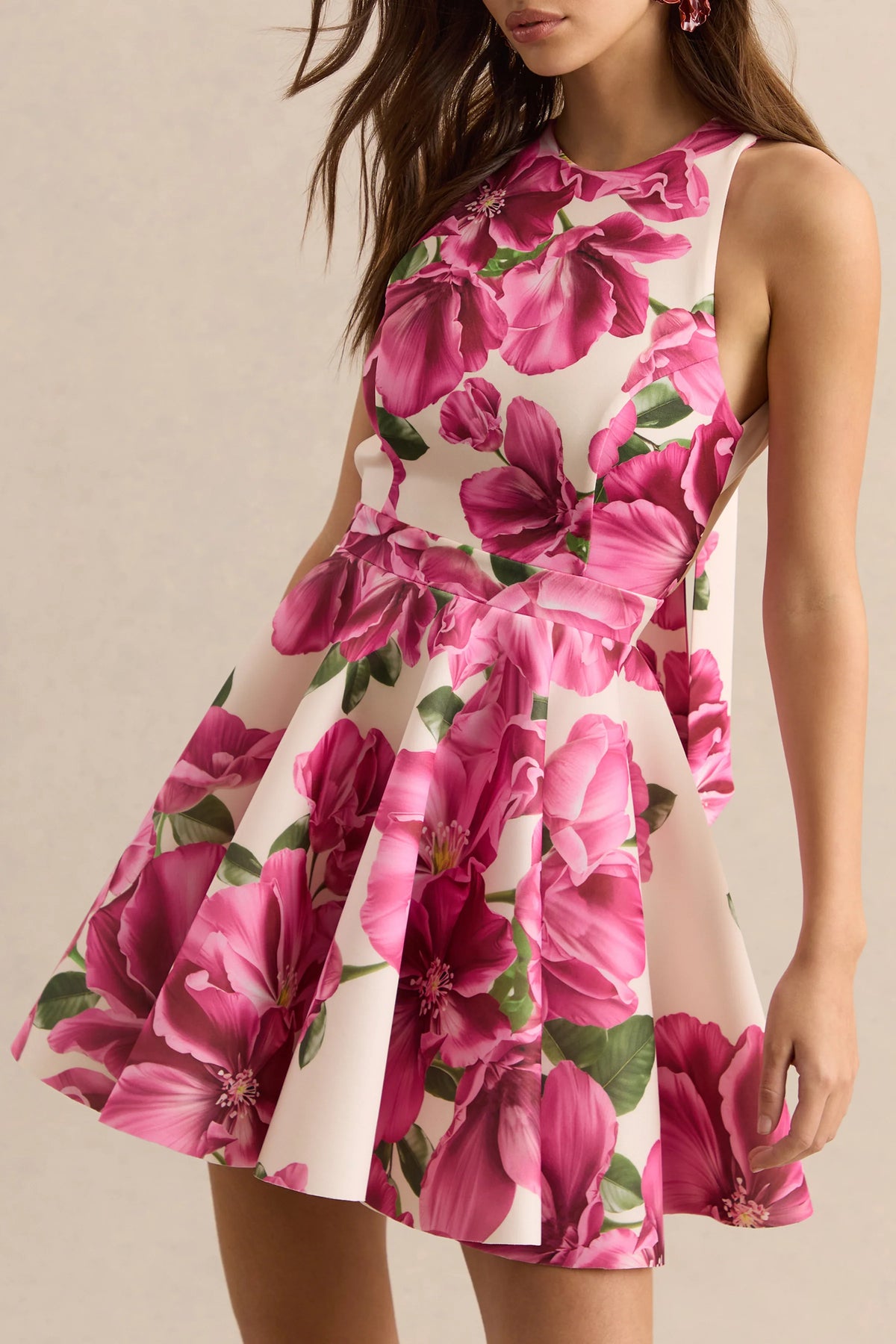 Waverly Pink Rose Print Racer Neck Sleeveless Skater Mini Dress