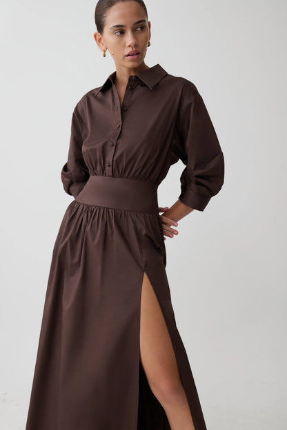 Isolde Long Sleeve Cotton Maxi Dress Dark Chocolate