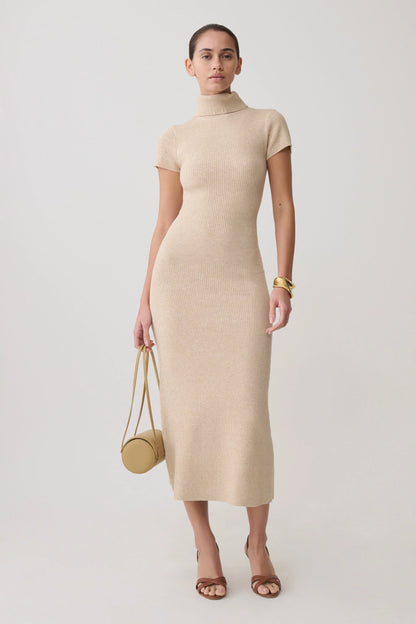 Goldie High Neck Knit Midi Dress Camel