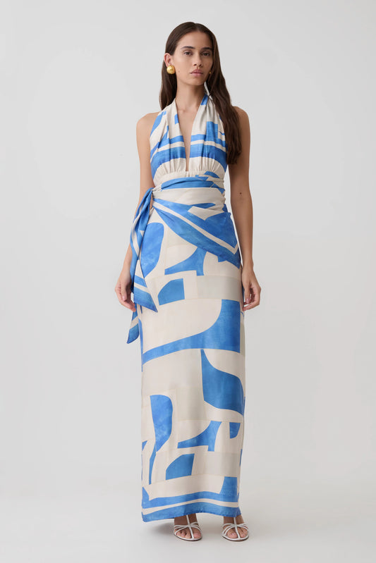Gianna Satin Halter Maxi Dress Blue Geo Tile Print