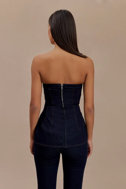 Madelyn Strapless Longline Denim Top Indigo Blue