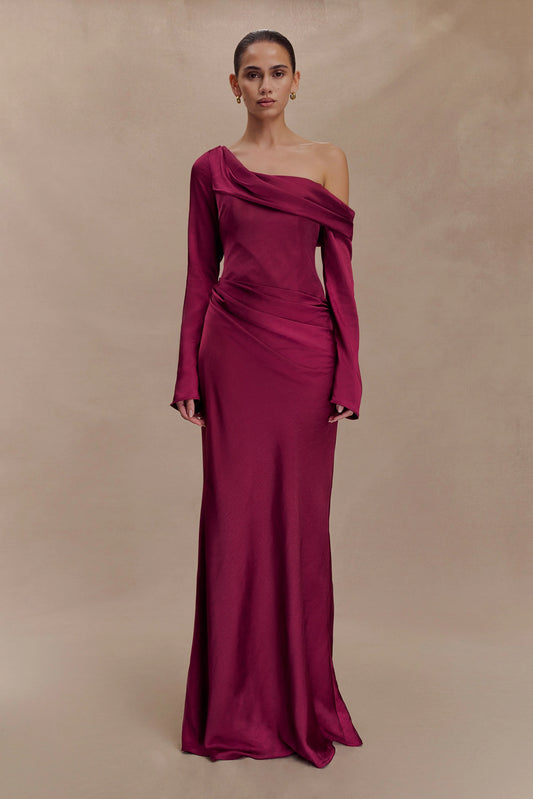 Iris Long Sleeve Satin Maxi Dress Mahogany