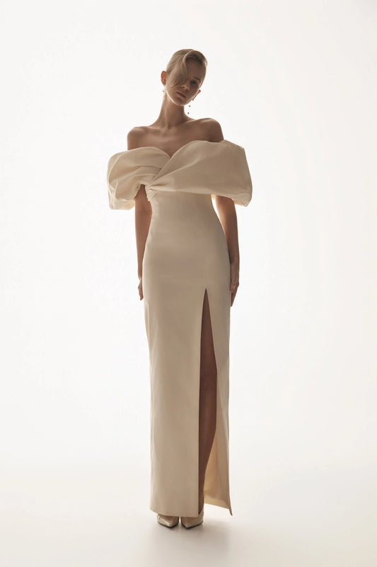 Angelica Taffeta Off Shoulder Bridal Gown Soft Beige
