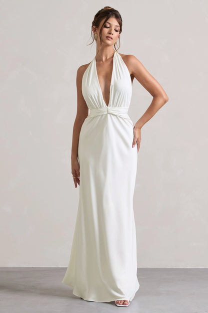 Carolyn Ivory Satin Plunge Maxi Dress With Dipped Hem