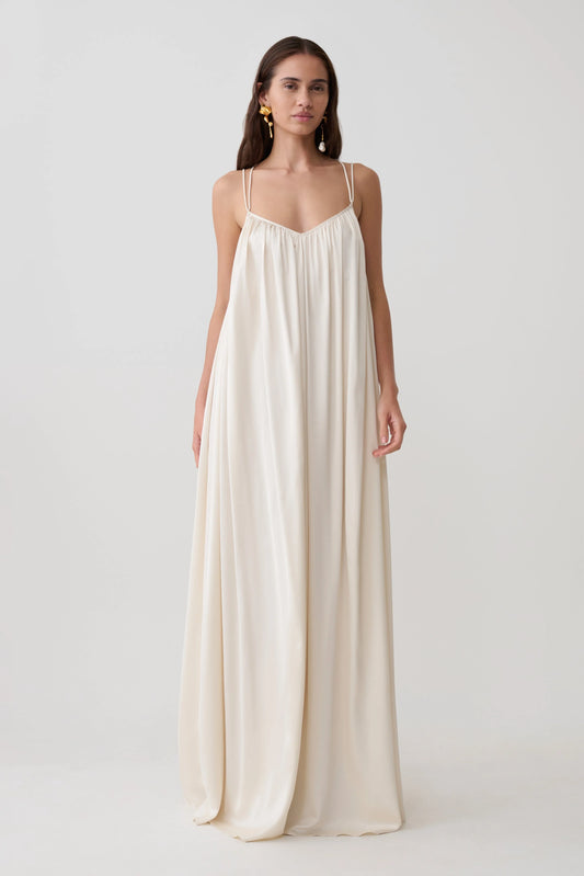 Adriana Satin Gathered Maxi Dress Buttercream