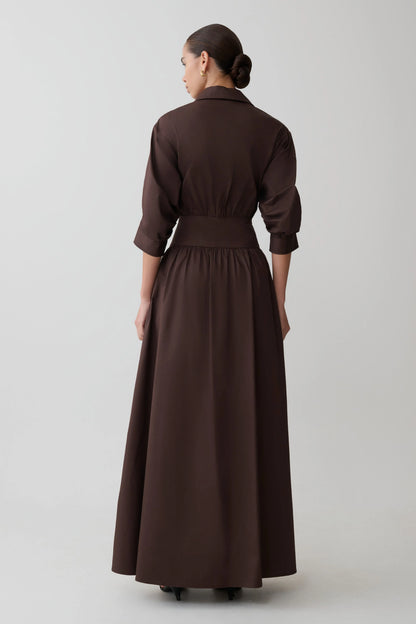 Isolde Long Sleeve Cotton Maxi Dress Dark Chocolate
