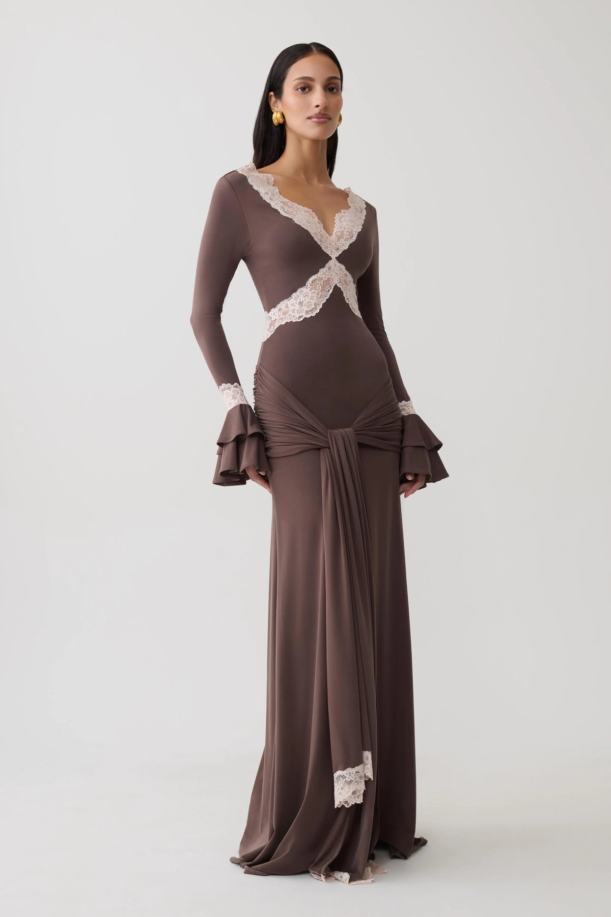 Electra Slinky Lace Maxi Dress Chocolate Ballet Pink