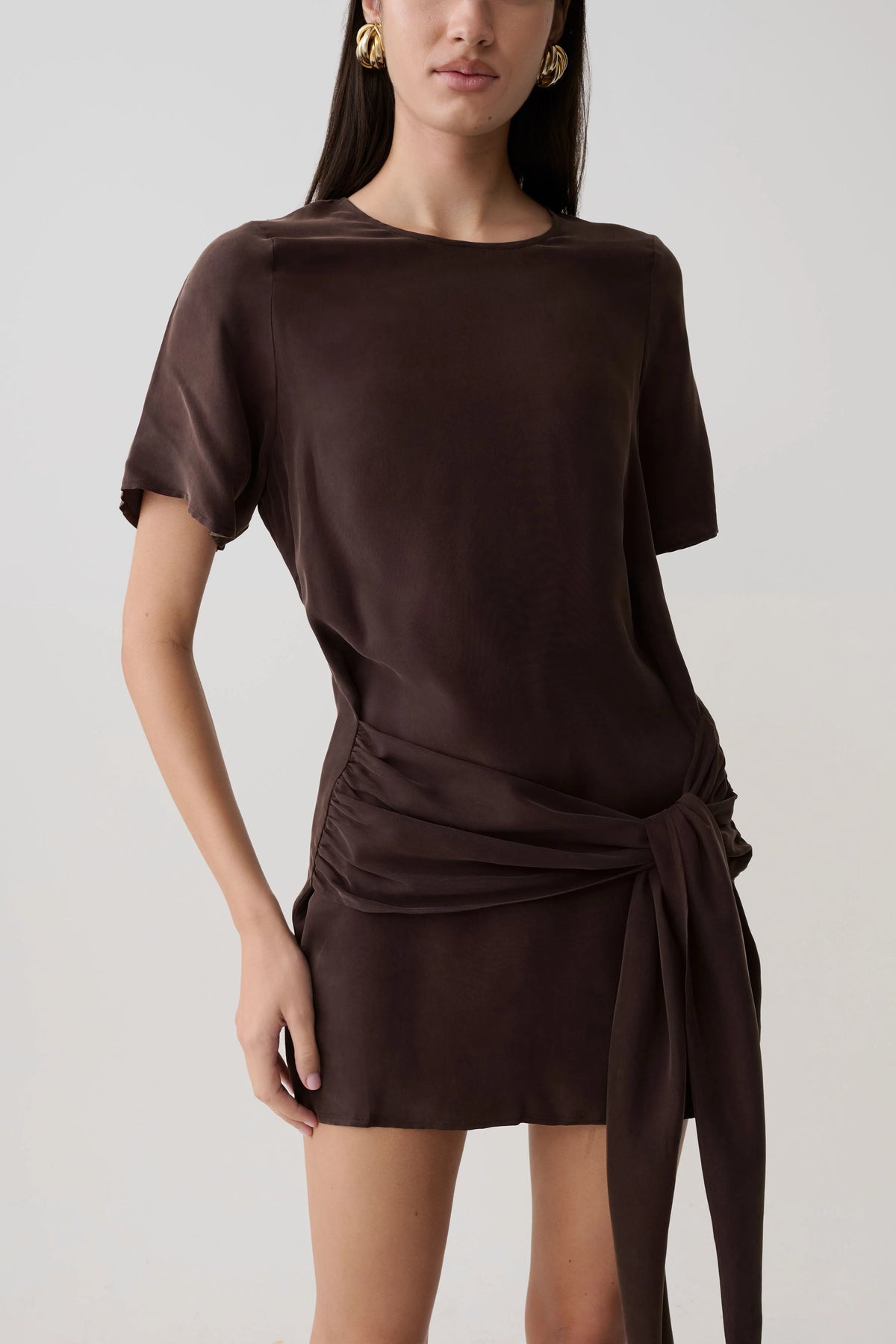 Felicity Short Sleeve Dress With Waist Tie Dark Chocolate
