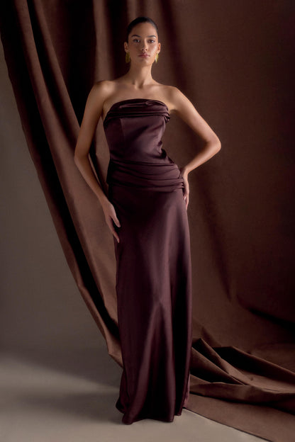 Jasmine Strapless Satin Maxi Dress Dark Chocolate