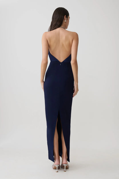 Elina Satin Necklace Maxi Dress Navy
