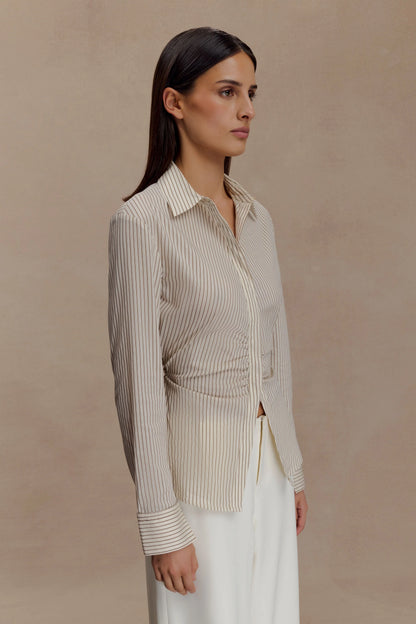 Millie Tie Back Cotton Shirt Beige Pinstripe