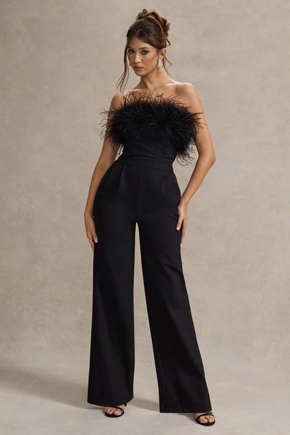 Delta Black Feather Bandeau Wide Leg Jumpsuit