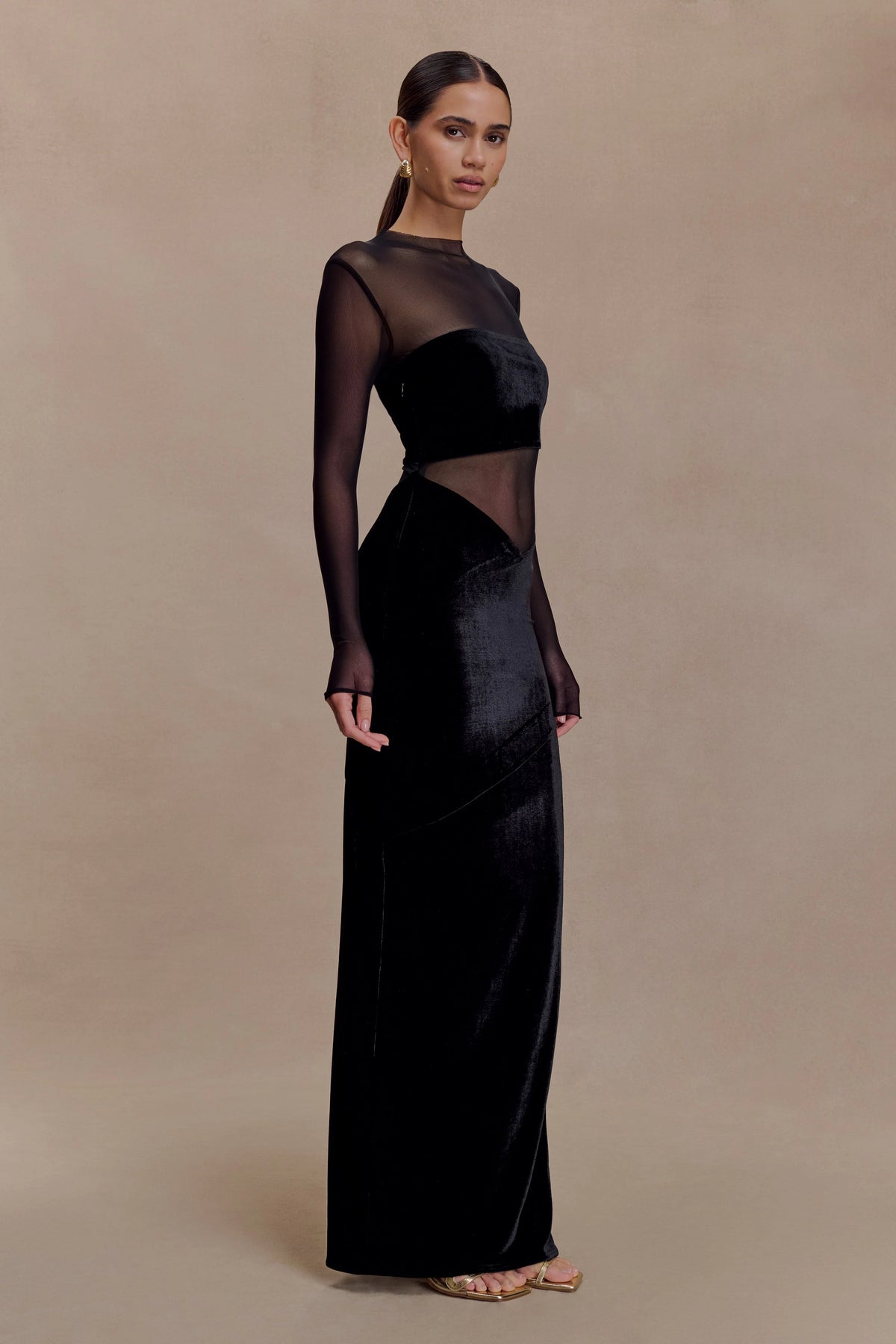 Davina Velvet And Mesh Maxi Dress Black