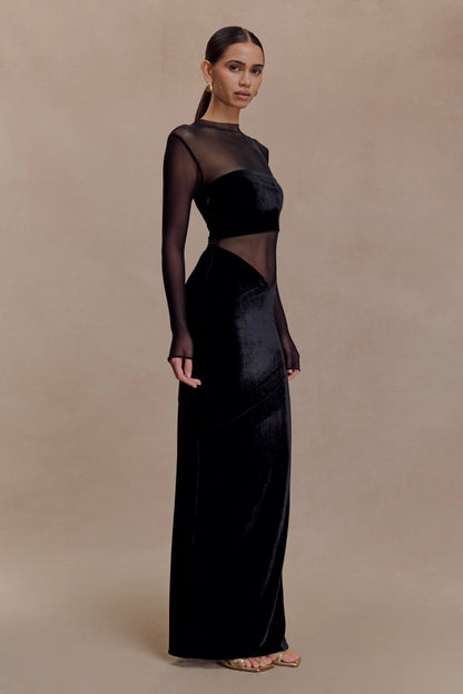 Davina Velvet And Mesh Maxi Dress Black