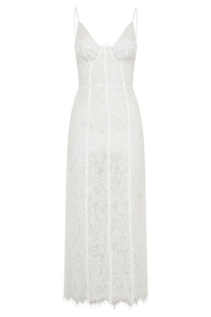 Ottilie Lace And Mesh Midi Dress White