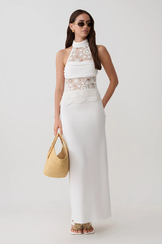 Tessie Knit Crochet Maxi Dress Ivory