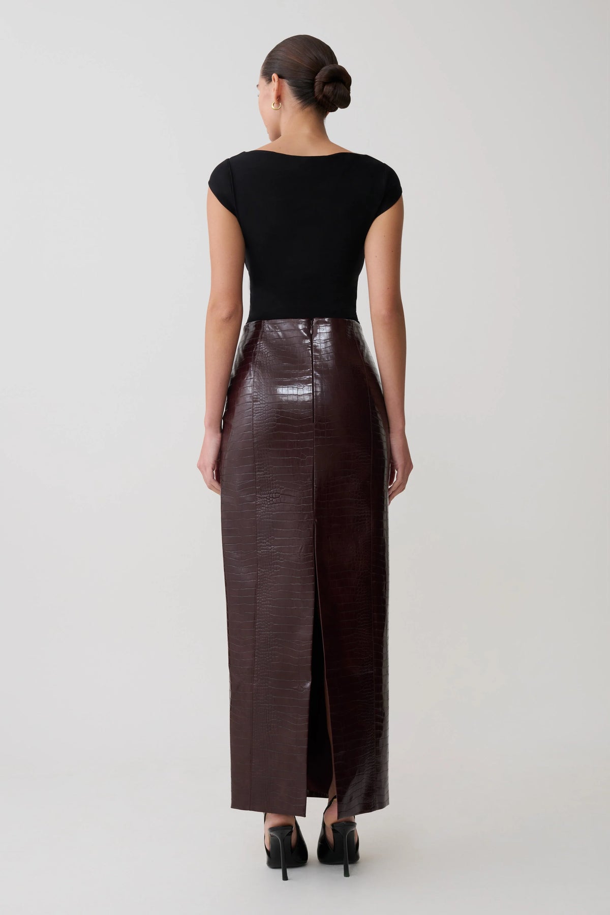 Thalia Croc Faux Leather Midi Skirt Merlot