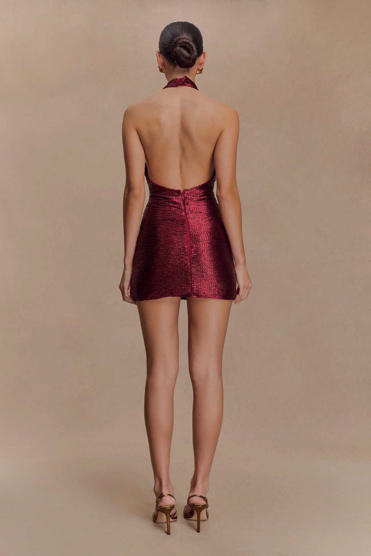 Nylah Beaded Halter Mini Dress Burgundy