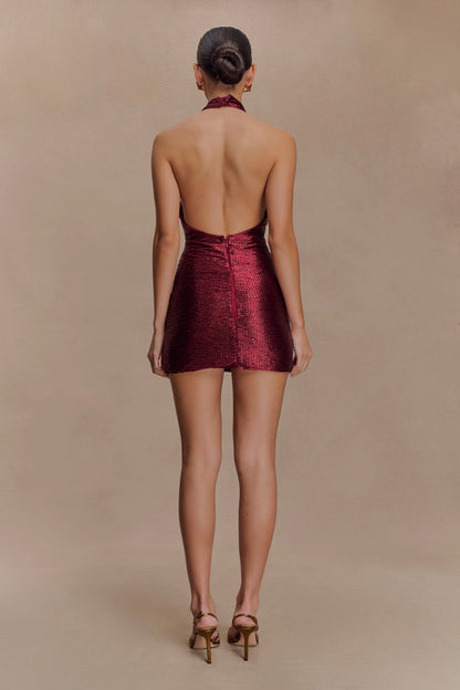 Nylah Beaded Halter Mini Dress Burgundy