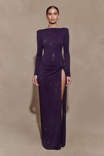 Deanna Long Sleeve Diamante Maxi Dress Purple