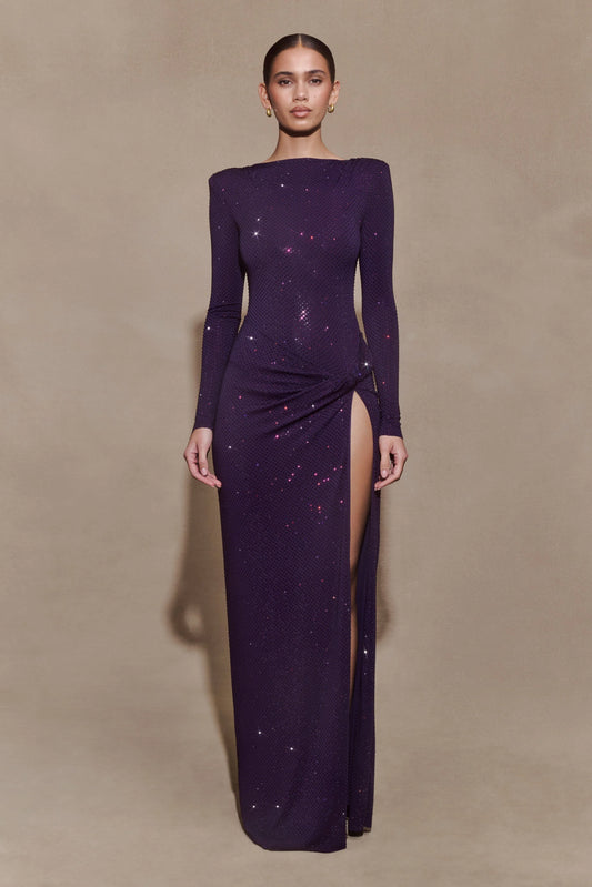 Deanna Long Sleeve Diamante Maxi Dress Purple