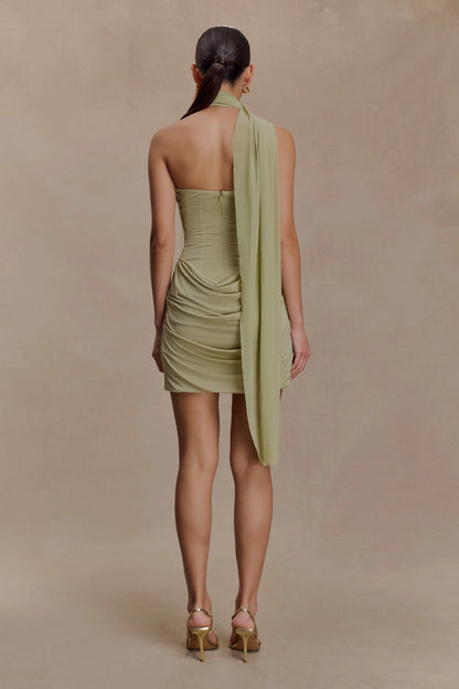 Mattea Slinky And Mesh Mini Dress With Scarf Sage