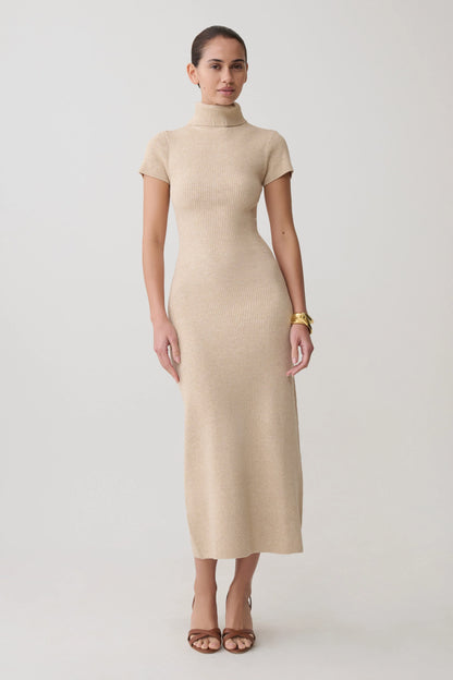 Goldie High Neck Knit Midi Dress Camel