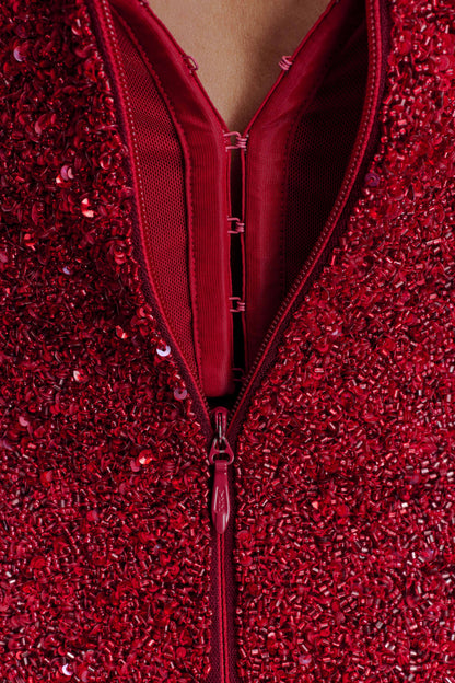 Zander Hand Beaded Strapless Mini Dress Red Ombre