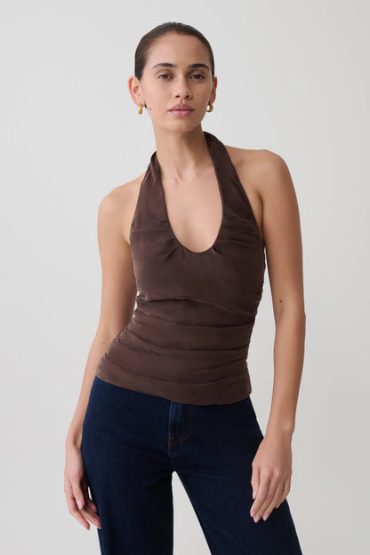 Daniela Ruched Halter Top Dark Chocolate