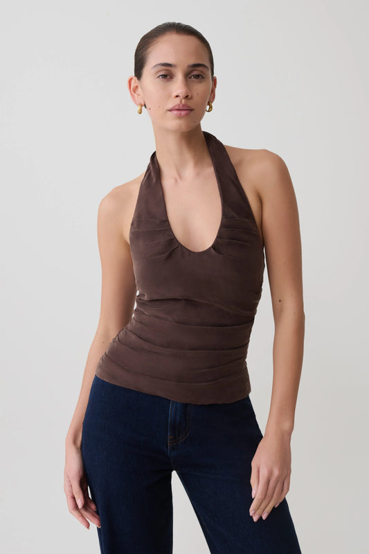 Daniela Ruched Halter Top Dark Chocolate