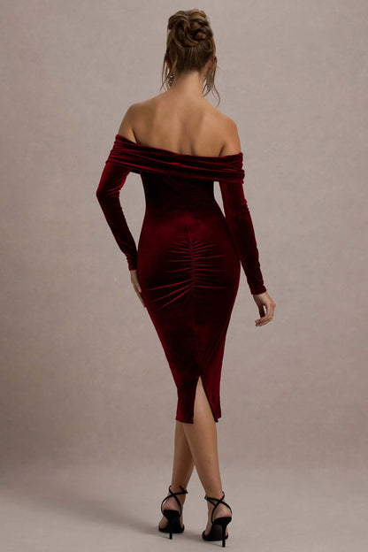 Compliment Berry Velvet Bardot Midi Dress