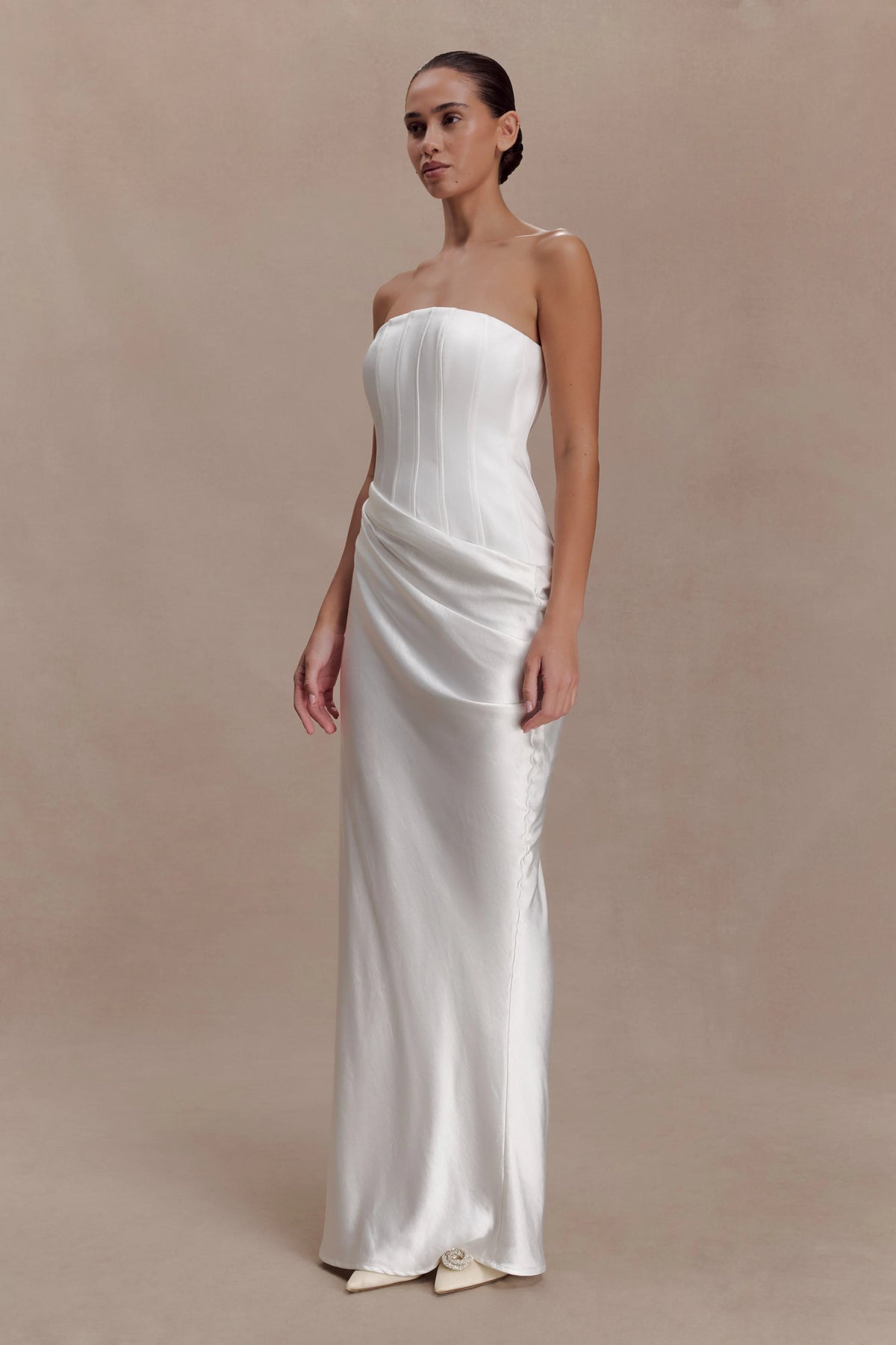 Grace Strapless Draped Waist Maxi Dress Ivory