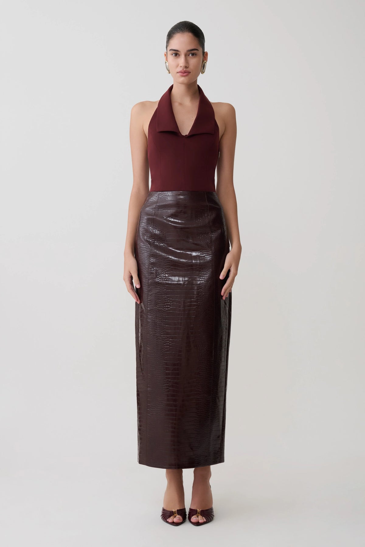 Thalia Croc Faux Leather Midi Skirt Merlot