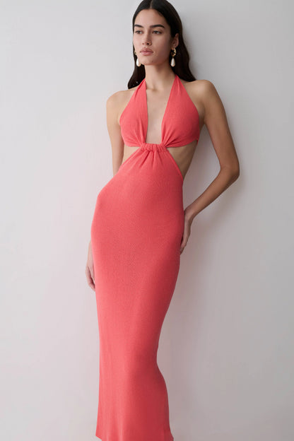 Theresea Halter Knit Maxi Dress Coral