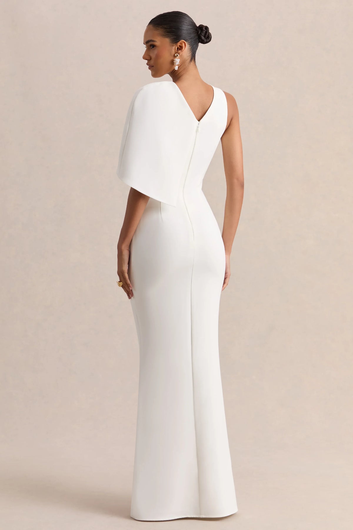 Quira White Asymmetric Neck Maxi Dress With Cape Sleeve