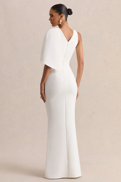 Quira White Asymmetric Neck Maxi Dress With Cape Sleeve