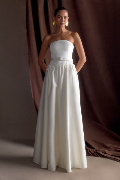 Florence Strapless Belted Maxi Dress White