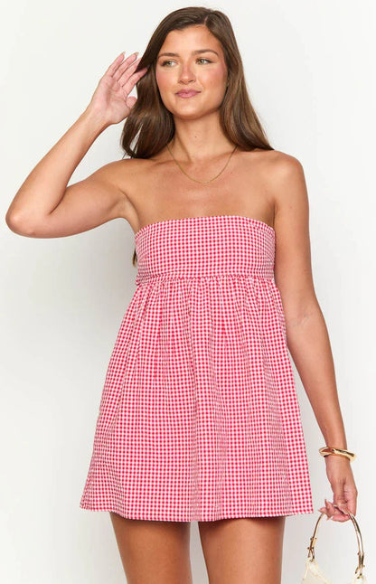 Berrie Red Gingham Strapless Mini Dress