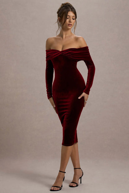 Compliment Berry Velvet Bardot Midi Dress