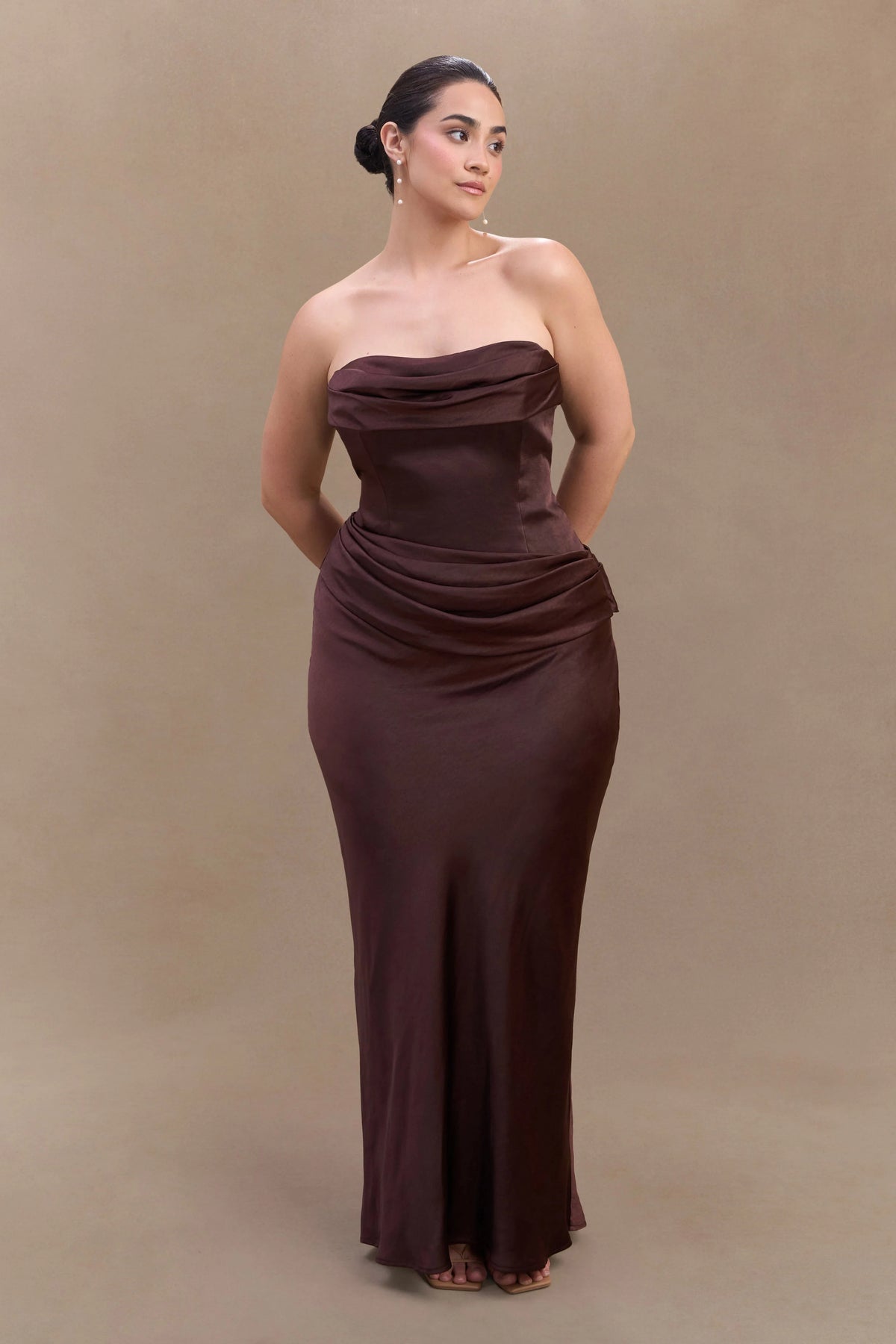 Jasmine Strapless Satin Maxi Dress Dark Chocolate
