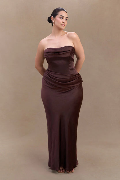 Jasmine Strapless Satin Maxi Dress Dark Chocolate
