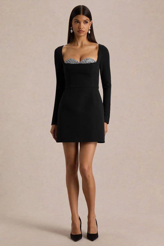 Martha Black Embellished Sweetheart Neck Mini Dress