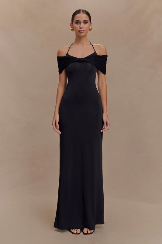 Bernadina Mesh And Slinky Halter Maxi Dress Black