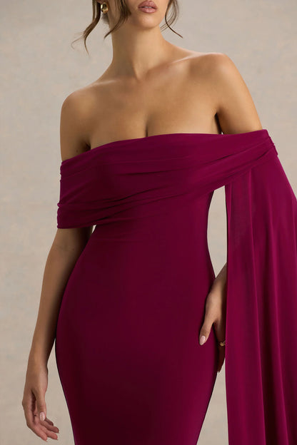 Saffina Burgundy Bardot Neck Maxi Dress With Sash Detail