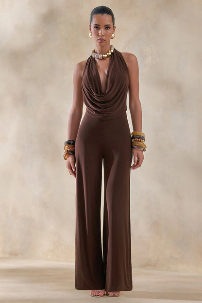 Clemence Brown Plunge Neck Jumpsuit