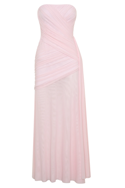 Monet Strapless Ruched Mesh Maxi Dress Ballet Pink