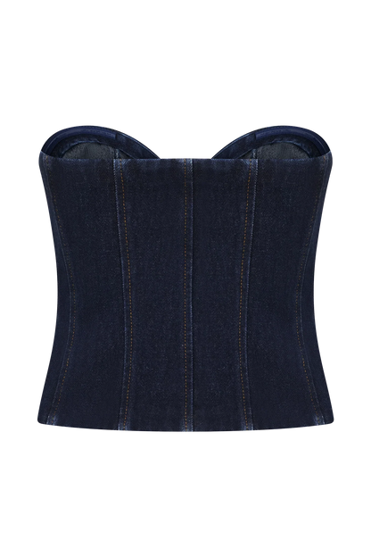 Tully Strapless Topstitch Denim Top Indigo Blue